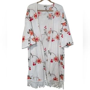 Umgee White Floral Embroidered Open Front Kimono Cardigan Size XL